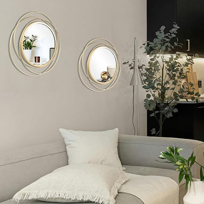 Cityelf 2 Set 13.3'' Gold Circle Mirrors Wall Decor Iron Frame Round Wall Art Hanging for Living Room/Bedroom/Bathroom/Entryway (Medium Size 13.3 inch)