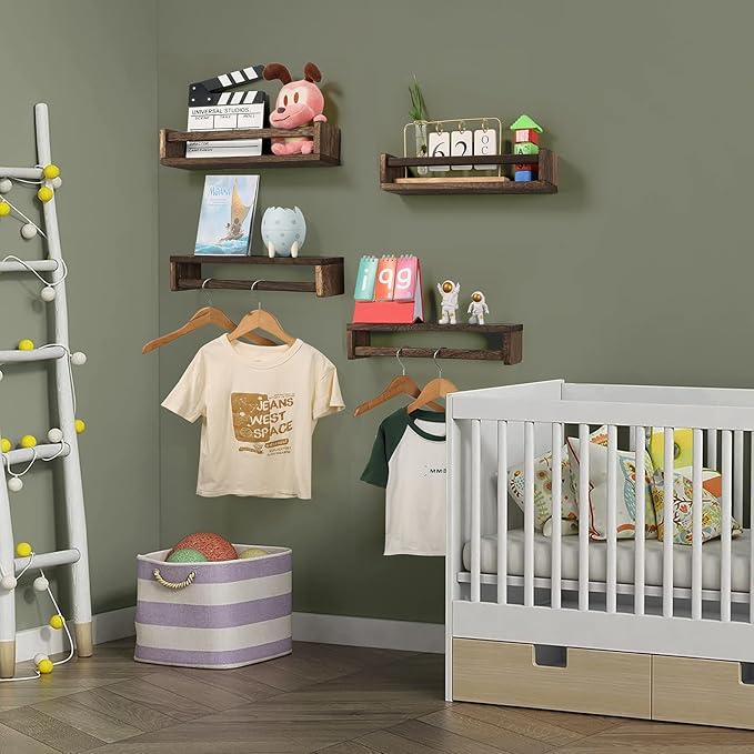 Nursery Room Shelves Set of 4, Wood Floating Book Shelves for Kids Room, Baby Book Shelf for Nursery, Kitchen Spice Rack (Carbonized Brown)