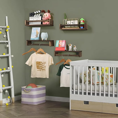Nursery Room Shelves Set of 4, Wood Floating Book Shelves for Kids Room, Baby Book Shelf for Nursery, Kitchen Spice Rack (Carbonized Brown)