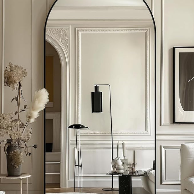 Full Length Mirror with Stand, 76"x34" Arched Full Body Mirror, Large Stand Up Mirrors, Aluminum Frame Floor Standing Mirrors, Freestanding Hanging Leaning Mounted for Bedroom Living Room, Black