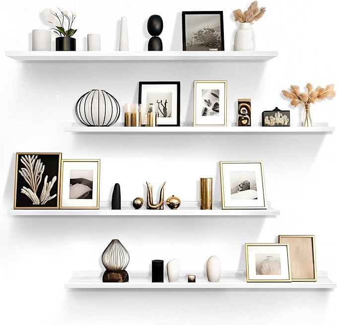 LaVie Home Floating Shelves for Wall Storage Set of 4, 47.2 Inch Picture Ledge Shelf, White Wall Shelves with Lip for Kitchen, Bedroom, Bathroom, and Living Room
