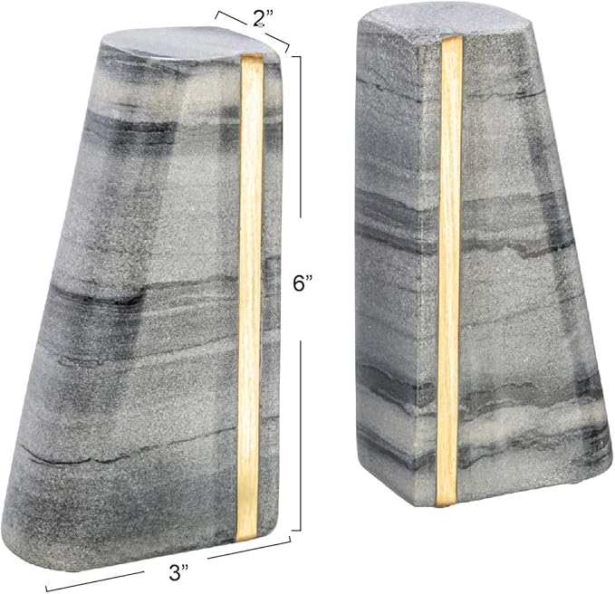 Main + Mesa Modern Marble Bookends with Brass Detail, Set of 2, Grey