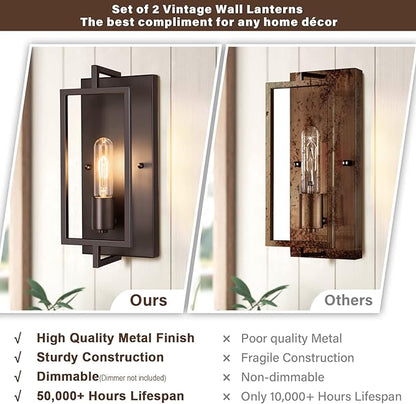 Industrial Wall Sconces Set of 2, Vintage Brown Wall Light Fixture E26 Base, Metal Rustic Wall Mount Lamp, Modern Indoor Lighting Hardwired