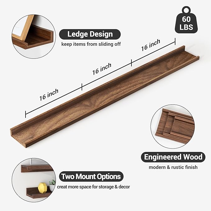 Axeman Picture Ledge Shelf | 55 Inch Walnut Floating Shelves Set of 3 | Rustic Wood Wall Shelves with Lip | 55
