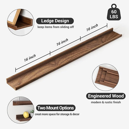 Axeman Picture Ledge Shelf | 55 Inch Walnut Floating Shelves Set of 3 | Rustic Wood Wall Shelves with Lip | 55" Walnut Picture Shelf for Wall with Ledge | Photo Shelves