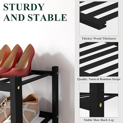 Smiry Bamboo Shoe Rack for Closet, 4 Tier Small Wooden Stackable Shoe Organizer, Free Standing Shoes Storage Shelf for Entryway, Front Door Entrance, Black