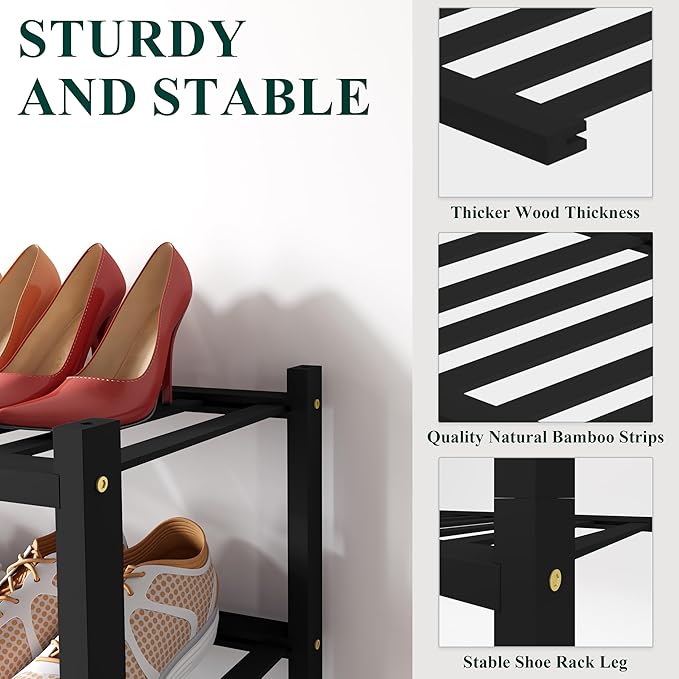 Smiry Bamboo Shoe Rack for Closet, 2 Tier Small Wooden Stackable Shoe Organizer, Free Standing Shoes Storage Shelf for Entryway, Front Door Entrance, Black