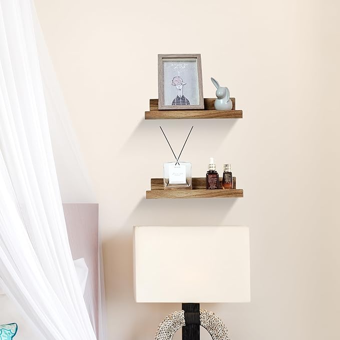 Z metnal Mini Floating Shelves, Small Natural Wooden Display Wall Shelf for Picture Ledge, Light Brown, 8 inch