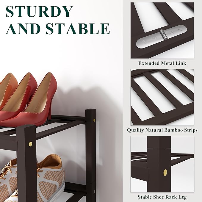 Smiry Bamboo Shoe Rack for Closet, 6 Tier Wooden Stackable Shoe Organizer, Free Standing Shoes Storage Shelf for Entryway, Front Door Entrance, Brown