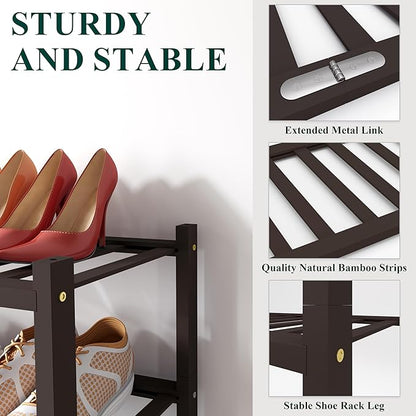 Smiry Bamboo Shoe Rack for Closet, 3 Tier Wooden Stackable Shoe Organizer, Free Standing Shoes Storage Shelf for Entryway, Front Door Entrance, Brown