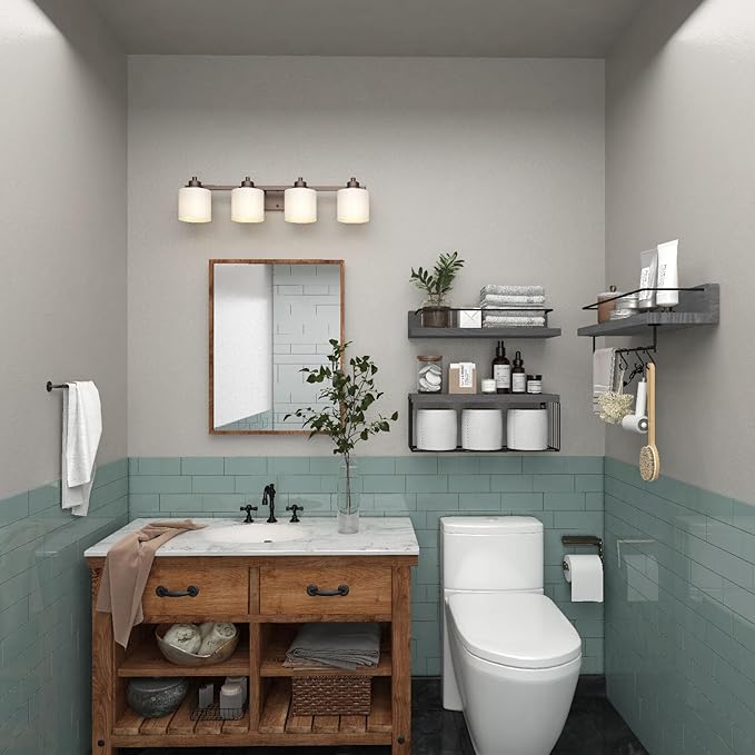 Bathroom Shelves Over Toilet for Wall, Floating Shelves with Storage Basket Paper Holer for Kitchen Living Room, Bedroom & Classroom, Set of 3 (Grey)