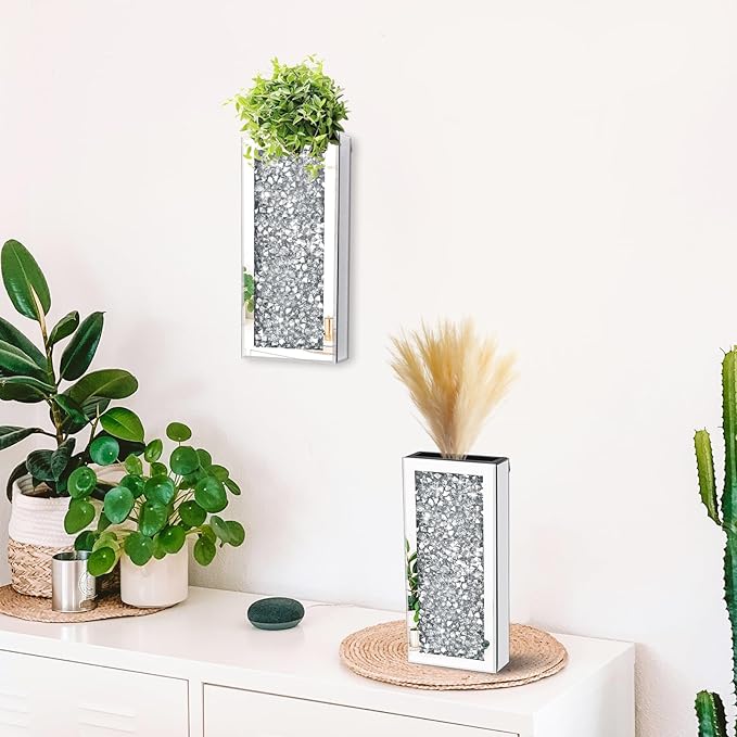Crushed Diamond Mirrored Wall Decor Vase Crystal Silver Mirror Flower Vase Stunning Decorative Glass Hanging Planter for Home Decor Living Room Dining Room Bedroom Wall Decor.Can't Hold Water(2 Set)
