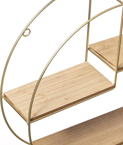 Vintiquewise Elegant 3-Tier Decorative Floating Geometric Arc Wall Shelf - Semi-Circular Metal and Wood Wall-Mounted Shelf for Entryway, Bathroom, Bedroom, and Living Room Decor, Gold Finish