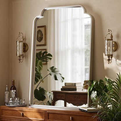 GLSLAND 30"x40" Petal Arch Bathroom Mirror, Modern Metal Frame Vanity Mirror with Scalloped Edge for Over Sink, Bedroom, Living Room, Entryway, Decorative Wall Mirror, Silver