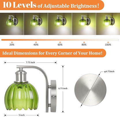 VerRon Rechargeable Battery Operated Wall Sconce with Green Glass Lampshade, Wireless Wall Scone Decor with Remote Control, 15 Colors Brushed Nickle Wall Light for Bedside Hallway Bedroom Doorway