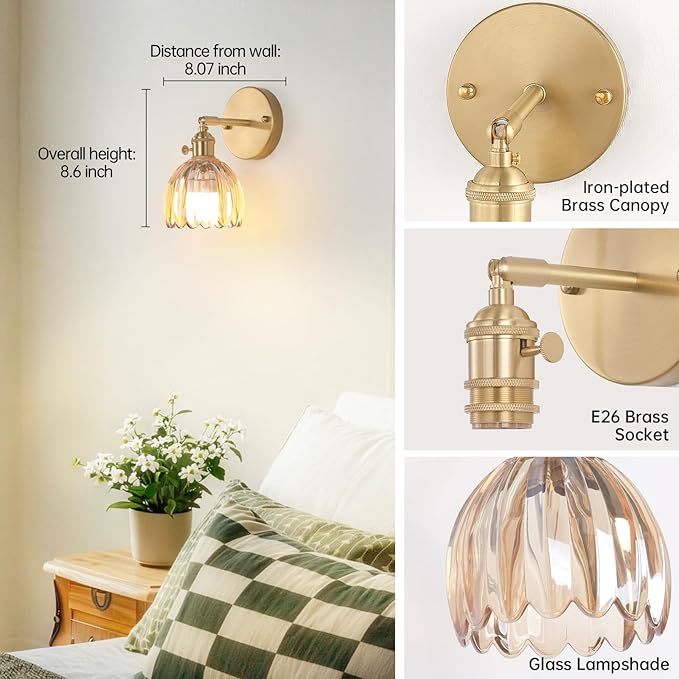 Vintage Battery Operated Wall Sconce with Amber Tulip Glass Lampshade Rechargeable Battery Powered Wall Light with Remote Control for Bedside Bedroom Doorway, Set of 2