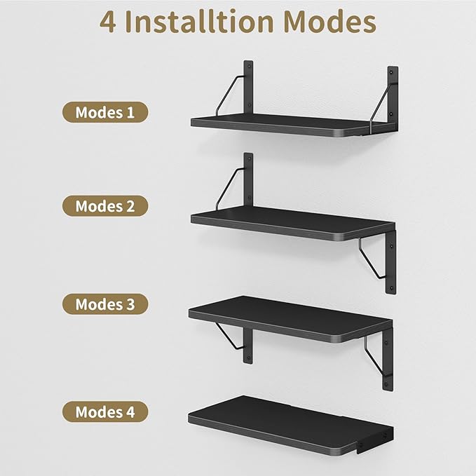 Wooden Floating Shelves for Wall, Floating Shelf for Bedroom Kitchen Decor, Wall Mounted Rustic Farmhouse Wood Shelf for Books, Plants, Set of 3 (Black, M (Rectangular))