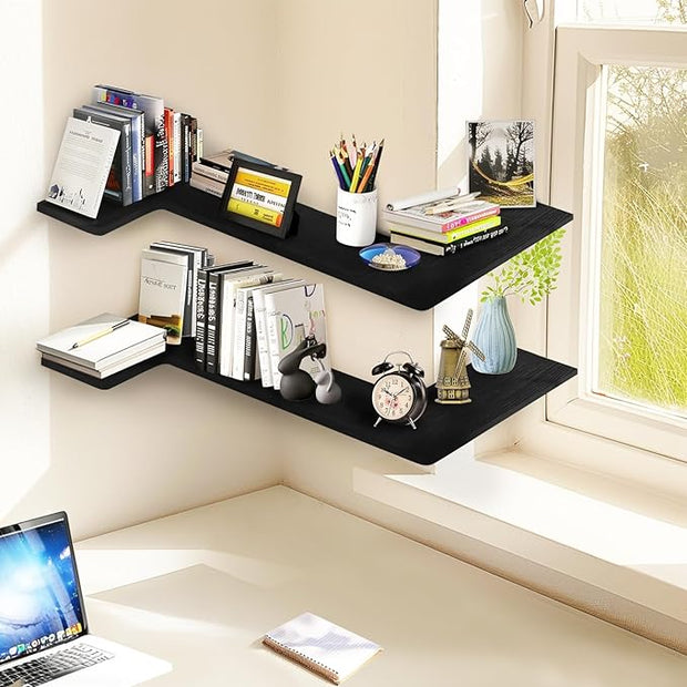 Muzilife Corner Floating Shelves Wooden Floating Shelve Set of 4, Wall Mounted for Storage, L-Shaped Shelves for Wall Decor Organizer for Bedroom, Bathroom, Kitchen, Living Room and Office, Black
