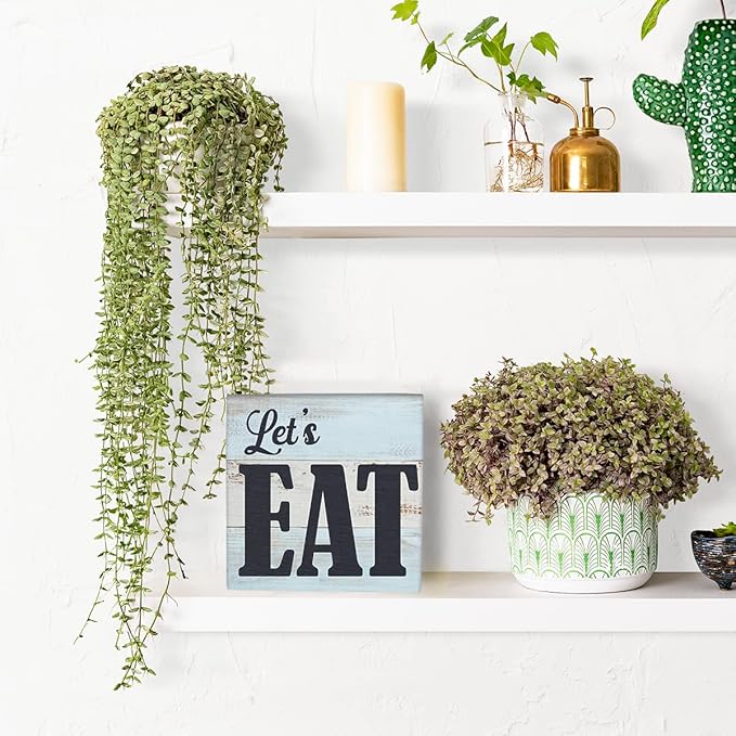 Kitchen Decor Desk Decor Wooden Box Sign Funny Housewarming Gift Rustic Black Wood Block Plaque Box Sign for Home Farmhouse Office Restaurant Kitchen Dining Room Shelf Table Decoration Let's Eat Sign