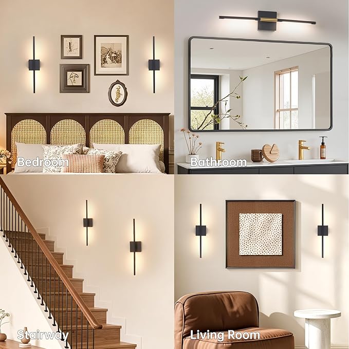 Battery Operated Wall Sconce Set of 2, 8000mAh Wireless Wall Sconces, 3000K-6000K Dimmable, 350°Rotate, Indoor Wall Lights with Remote for Bedroom Living Room Bathroom, Black, 23.6 Inch