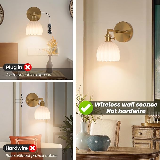 Battery Operated Wall Sconce, Vintage Wall Sconce with Milky White Tulip Glass Lampshade Rechargeable Battery Powered Wall Light with Remote Control for Bedroom,Living Room, Hallway, Aisle