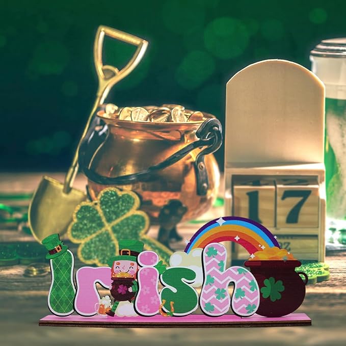 St Patricks Day Decor for Table Irish Themed Decoration Wooden Centerpieces Rustic Farmhouse Sign for Tabletop Home Shelf Office St Patricks Day Party Decoration Pink