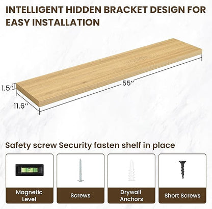 55 Inch Floating Shelves, 12 Inch Deep Floating Shelves for Wall, Floating Shelf with Invisible Brackets, Deep Shelves for Bathroom, Bedroom, Living Room, 1 Pack, Natural