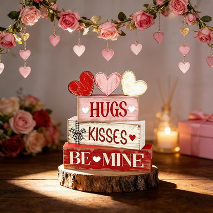 Valentines Day Decorations - Valentine Tiered Tray Decor Set - Wooden Table Decoration with Heart Signs - Rustic Farmhouse Valentine’s Day Home Decor Indoor for Shelf Mantel Coffee Table Gift