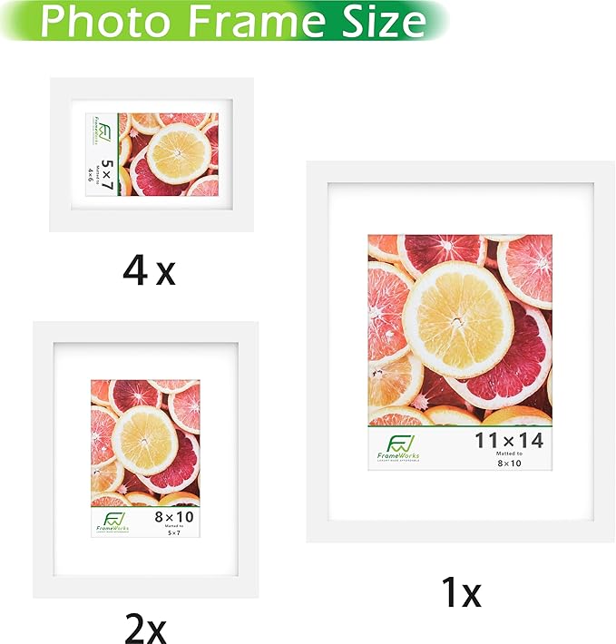 FrameWorks 7-pc Set Collage Wall Classic Wooden Picture Frames Tempered Glass/White / 1-11"x14", 2-8"x10", 4-5"x7"