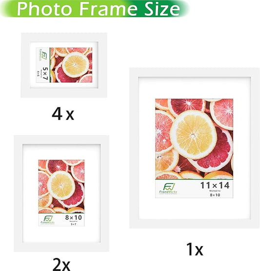 FrameWorks 7-pc Set Collage Wall Classic Wooden Picture Frames Tempered Glass/White / 1-11"x14", 2-8"x10", 4-5"x7"
