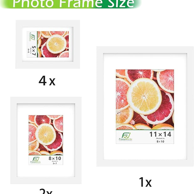 FrameWorks 7-pc Set Collage Wall Classic Wooden Picture Frames Tempered Glass/White / 1-11"x14", 2-8"x10", 4-5"x7"