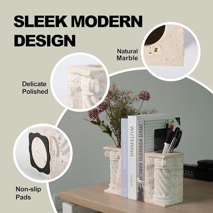 Roman Column Book Ends Decorative, 4-in-1 Heavy Duty Marble Bookend for Shelves, Unique Pen Holder & Mini Flower Vase, Classic Greek Statue for Office Home Desk Decor (2PC, Beige)