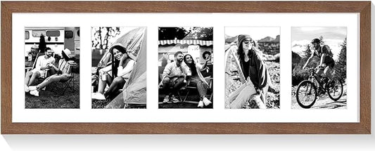 puthiac 8x24 Oak Wood Picture Frame - 8x24 Photo Frame with Mat Display 5Pcs 4x6 Photos, 4x6 Picture Frame Wood, Natural Solid Wooden Picture Frames for Wall Art Decor(1 Pack, Walnut)