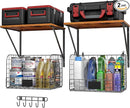 2 Pack Garage Shelves Wall Mounted with Wire Storage baskets, Heavy Duty Garage Wall Shelving with Hooks, Wooden floating shelves Tool Organizer for Home Garden Garage Organizers and Storage