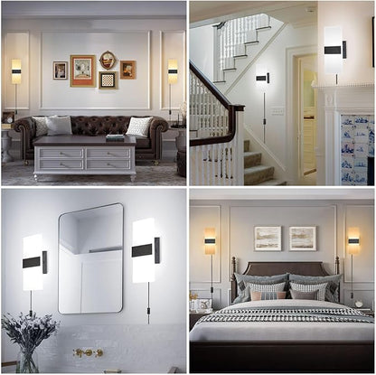 TRLIFE Modern LED Wall Sconces, Adjustable 4 Color Temperature 12W Wall Sconce Plug in, Acrylic Wall Mounted Light Set of 2 Wall Lights with 6FT Plug in Cord for Bedroom Stairway(2 Pack, Black)