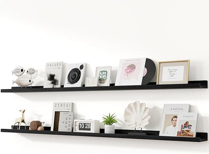 RICHFOCUS Floating Shelves for Wall, 72 inch Solid Wood Picture Ledge Shelf for Wall Storage, Nursery Book Shelves with Lip for Living Room Bathroom Bedroom Kitchen, Set of 2, Distressed Black