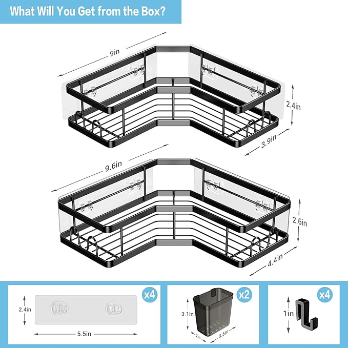 Corner Shower Caddy, 2 Pack Adhesive Shower Corner Organizer Shelves, No Drilling Stainless Steel Shower Storage Rack with Hooks&Toothpaste Holder for Bathroom Kitchen （for 90° Corners Only）