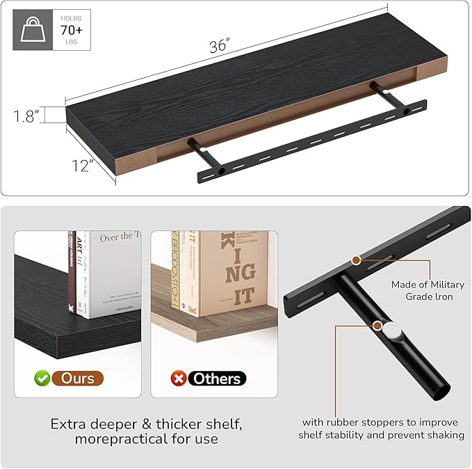 Vivelove Single Floating Shelves 36 inch Long, 10 in Deep Shelves Wall Mounted for Bedroom, Bathroom, Living Room, Kitchen, Office, Modern Shelf Home Decor, Set of 1, Black