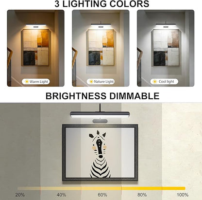Wireless Picture Light for Wall, Battery Painting Lighting with Metal Material, Remote Control,3 Lighitng Colors,300LM Brightness Dimmable, Timer Auto-off, Adjustable Light head for Portrait Gallery