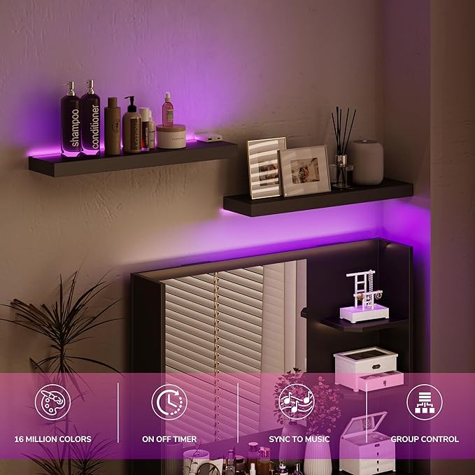 BAMEOS Floating Shelves with LED for Wall, Sturdy Shelves with RGB Light, Wall Mounted Display Shelves, Set of 2, Hanging Shelf for Bathroom, Bedroom, Kitchen, Living Room Storage, Black