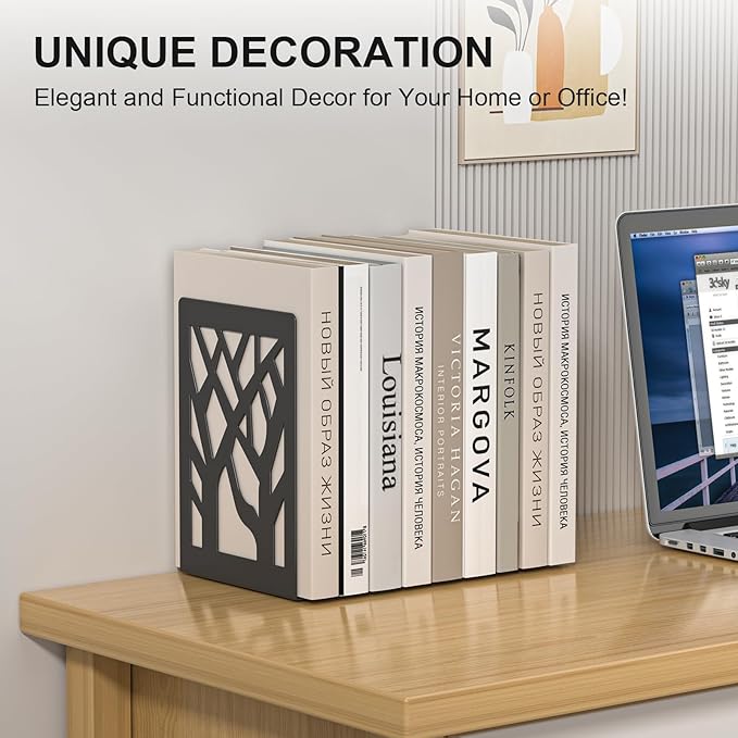 Bookends 8 Pieces, Tree Design Modern Metal Bookends for Shelves, Black Tree Book Ends Decorative Book Organizer for Desk, Decorative Shelve Book Stopper for Home Office