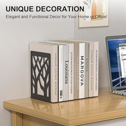 Bookends 8 Pieces, Tree Design Modern Metal Bookends for Shelves, Black Tree Book Ends Decorative Book Organizer for Desk, Decorative Shelve Book Stopper for Home Office