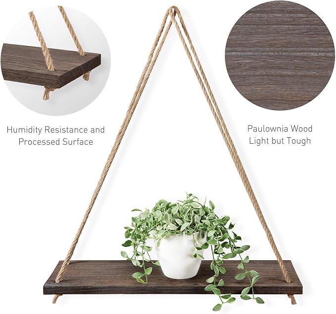 Mkono Wood Hanging Shelves for Wall Boho Decor Swing Rope Rustic Floating Shelf, Set of 3 Wall Display Shelving Home Organizer Rack for Living Room Bedroom Bathroom Kitchen,Brown