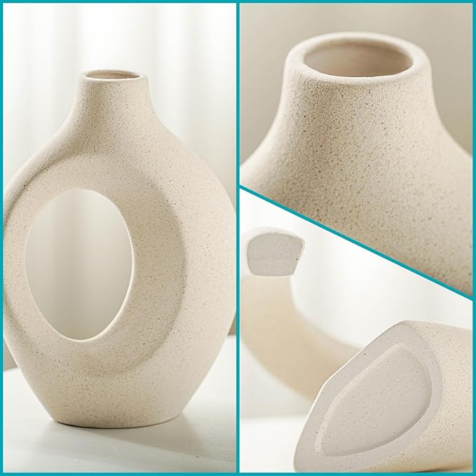 Snuggle Hollow Ceramic Vase Set of 2, Nordic Modern Boho ins Style Decorative Ceramic Aesthetic Flower Vase for Home Decor (Milky White W 6.3