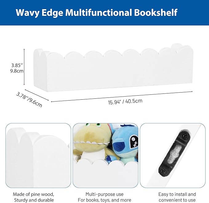 Wood Floating Shelves for Wall,Nursery Bookshelf,Kids Book Shelf,Baby Toys Storage Decor Organizer Wall Mounted for Living Room Bedroom,Wavy Edge,Preassembled,2 Pack,Scalloped Pine(White)