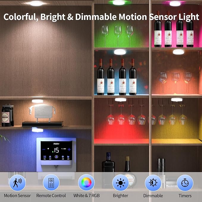 RGB LED Rechargeable Motion Sensor Light Indoor with Remote, Long-Lasting Battery, Bright & Dimmable, Stick-On Puck Night Light for Closet, Cabinet, Kitchen, Stairs, Shelves - Warm & RGB 2Pack