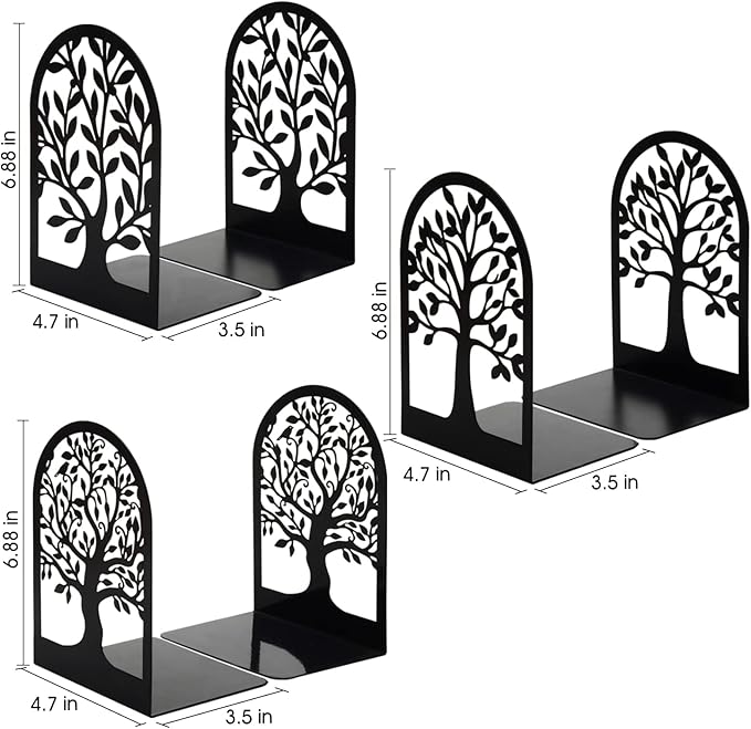 HappyHapi Book Ends, Metal Bookends for Shelves Decorative, Tree Stopper for Heavy Books, Black Ends to Hold Books for Home Office, 6.5 X 4.7 X 3.5 Inch(3 Pairs/6 Pcs, Large)
