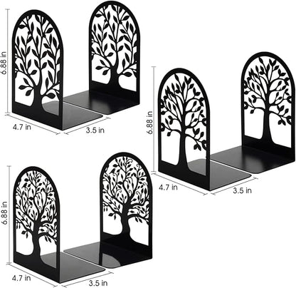 HappyHapi Book Ends, Metal Bookends for Shelves Decorative, Tree Stopper for Heavy Books, Black Ends to Hold Books for Home Office, 6.5 X 4.7 X 3.5 Inch(3 Pairs/6 Pcs, Large)