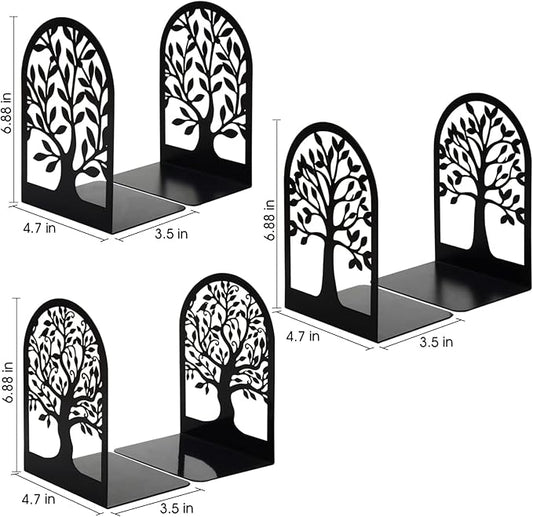 HappyHapi Book Ends, Metal Bookends for Shelves Decorative, Tree Stopper for Heavy Books, Black Ends to Hold Books for Home Office, 6.5 X 4.7 X 3.5 Inch(3 Pairs/6 Pcs, Large)