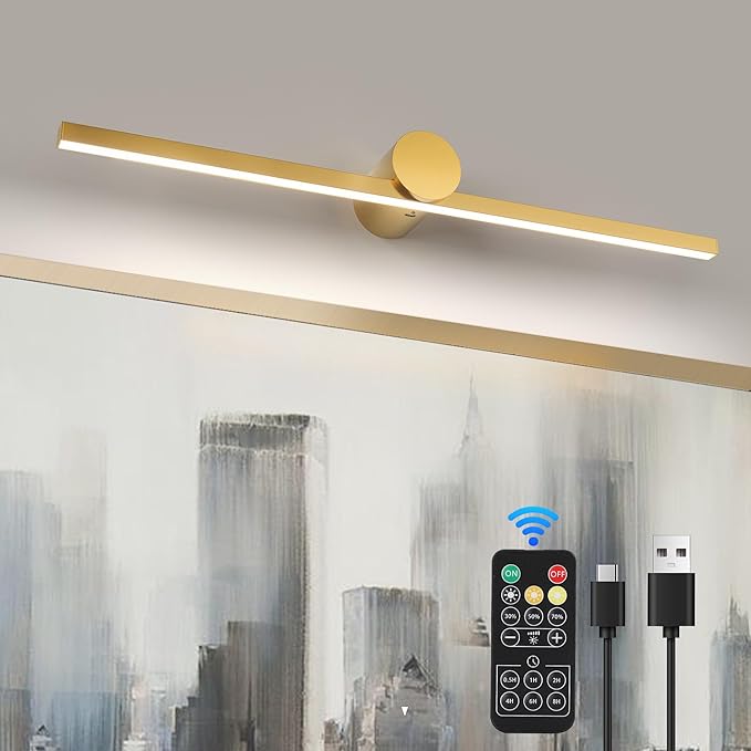 ZitoStory Battery Operated Picture Light for Wall with Remote,Minimalism Wireless Dimmable Art Lights for Paintings Rechargeable Gallery Light Artwork Lighting for Canvas, Portrait (Gold,23'' Inch)